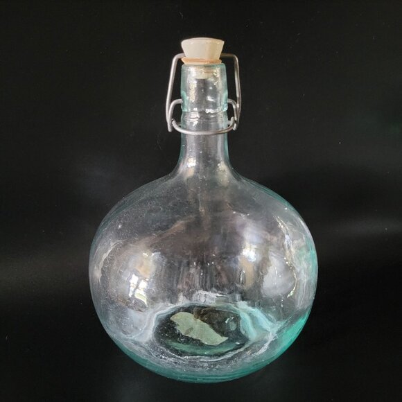 Vtg Blown Green Glass Bottle Wire Bail  Porcelain Stopper Made in Italy, Rustic - Picture 1 of 10